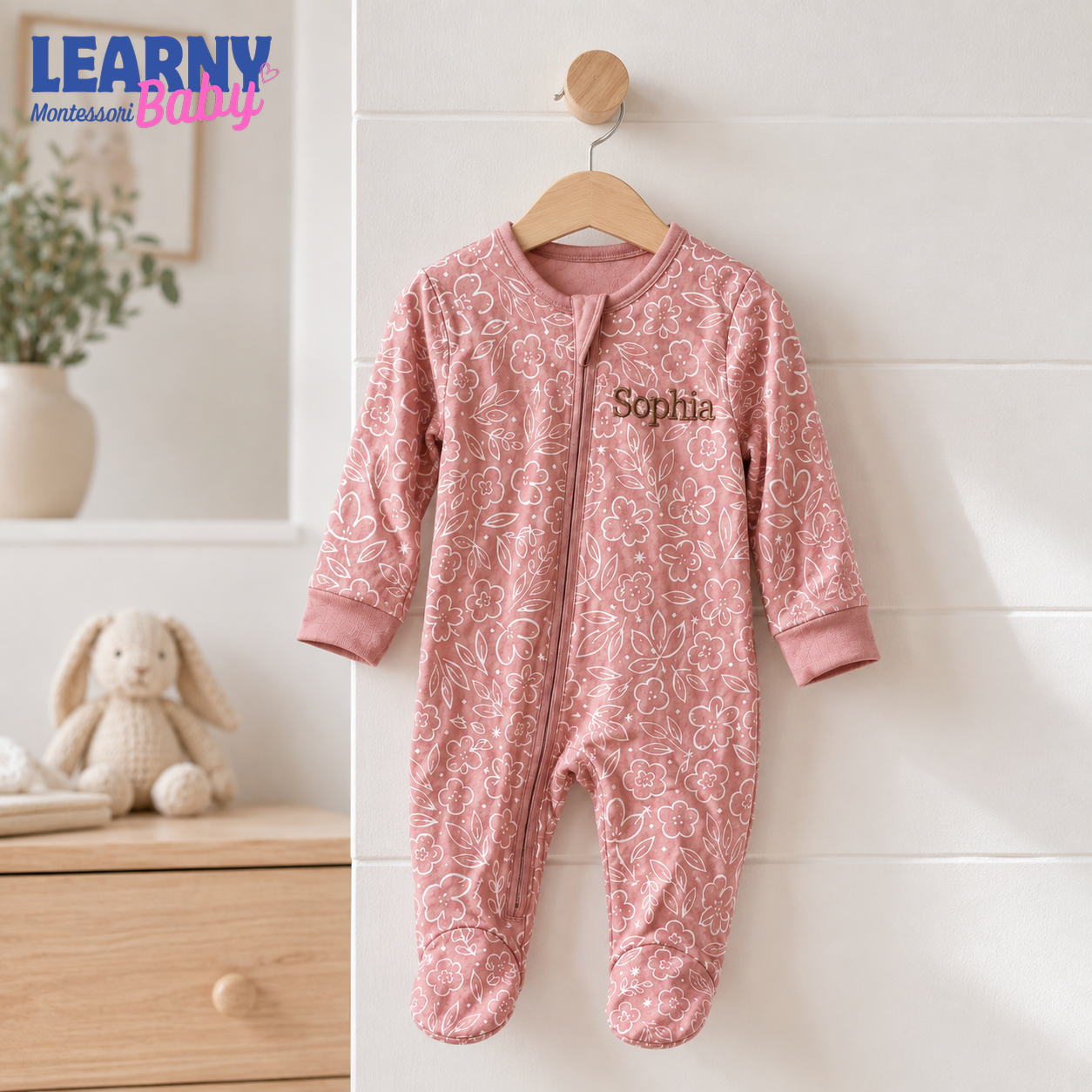 Personalized Floral Bamboo Footie Zippy for Baby, Baby Girl Bamboo Pajamas, Custom Name Baby Sleeper