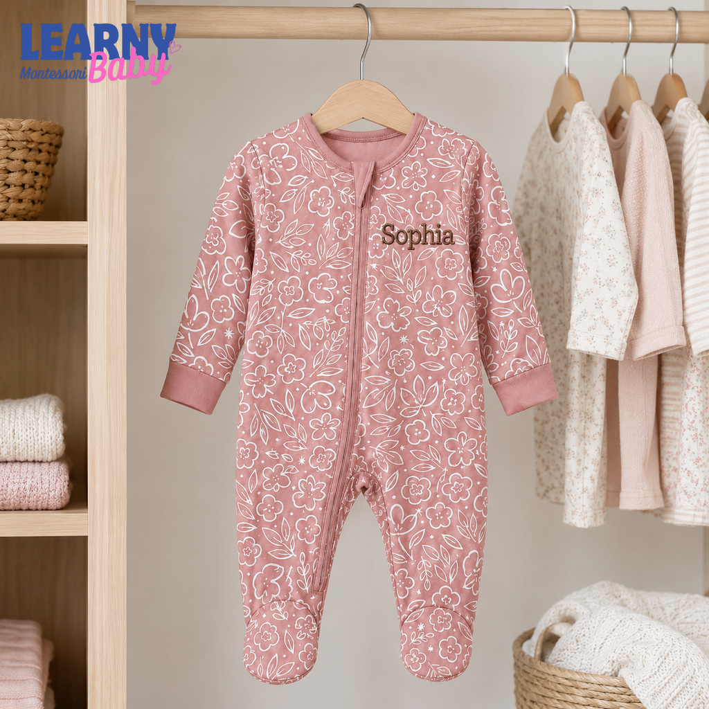 Personalized Floral Bamboo Footie Zippy for Baby, Baby Girl Bamboo Pajamas, Custom Name Baby Sleeper