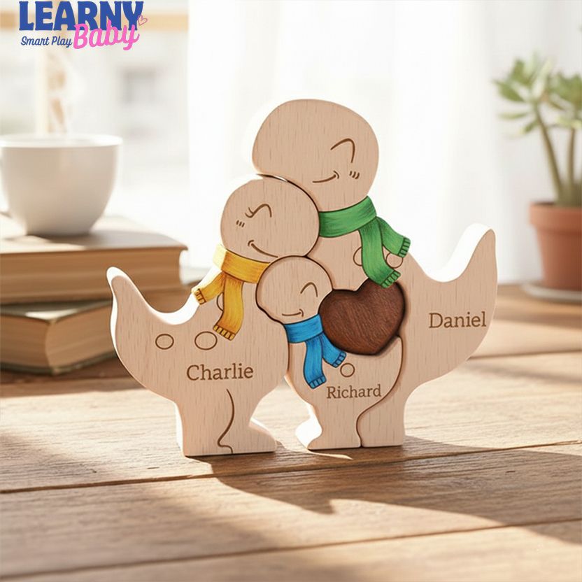 Personalized Dinosaur Family Puzzle Gift, Custom Wooden Dino Puzzle with Names, Birthday Gift, Mother, Father's Day Gift, Anniversary Gift