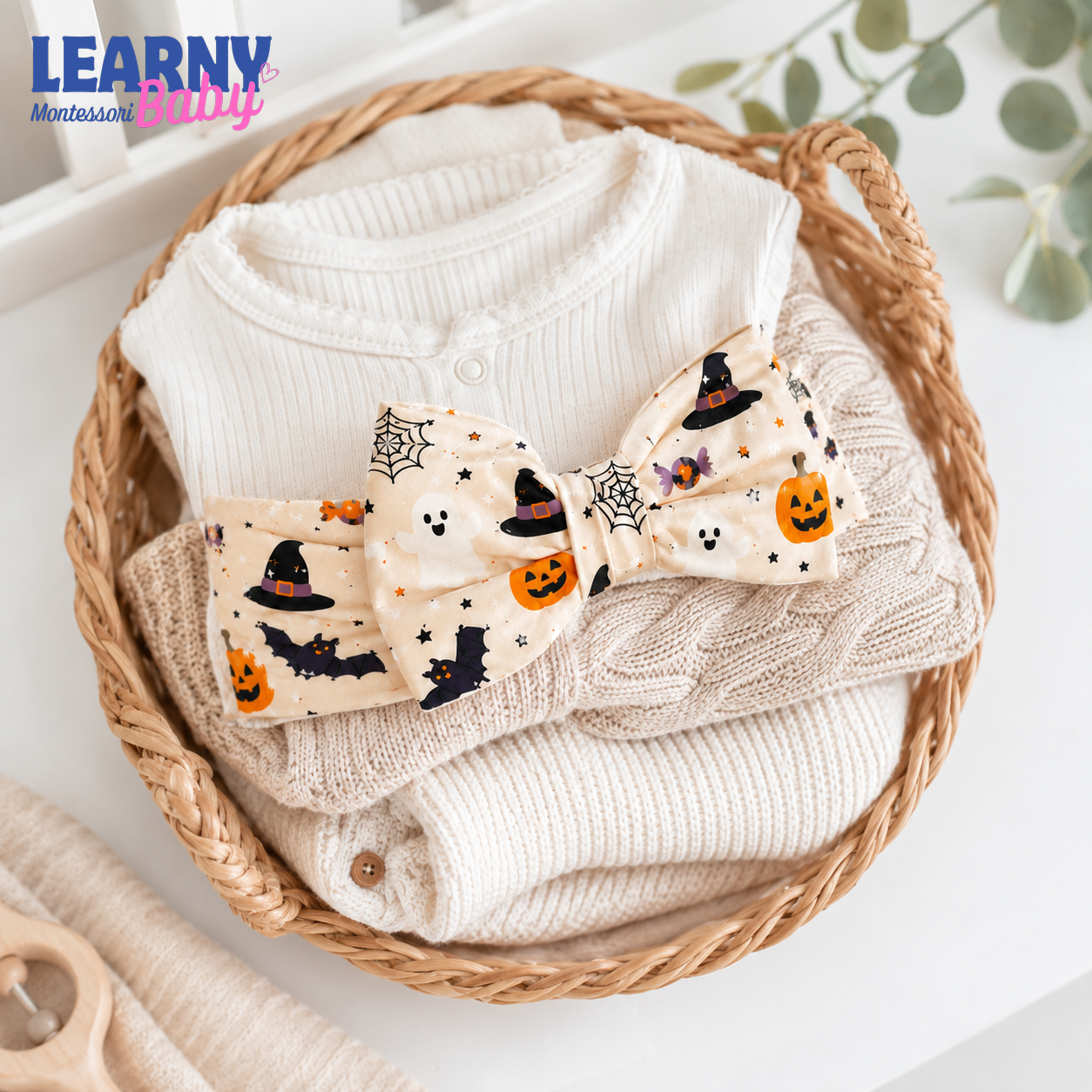 Halloween Pumpkin and Ghost Bamboo Baby Bow Headband, Spooky Newborn Headwrap, Halloween Baby Girl Hair Accessory
