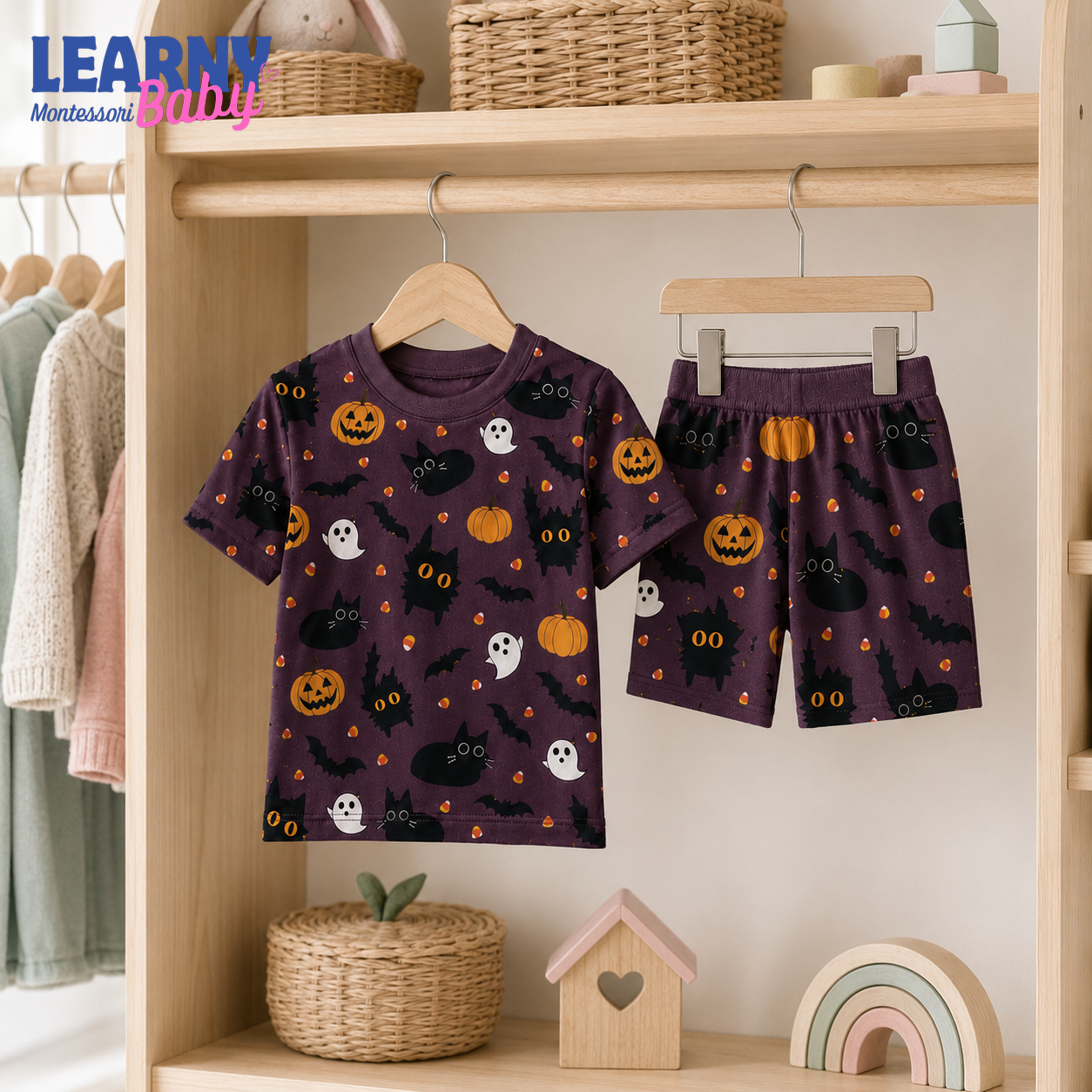 Black Cat & Pumpkin Halloween Long-Sleeve Bamboo Pajama Set for Kids