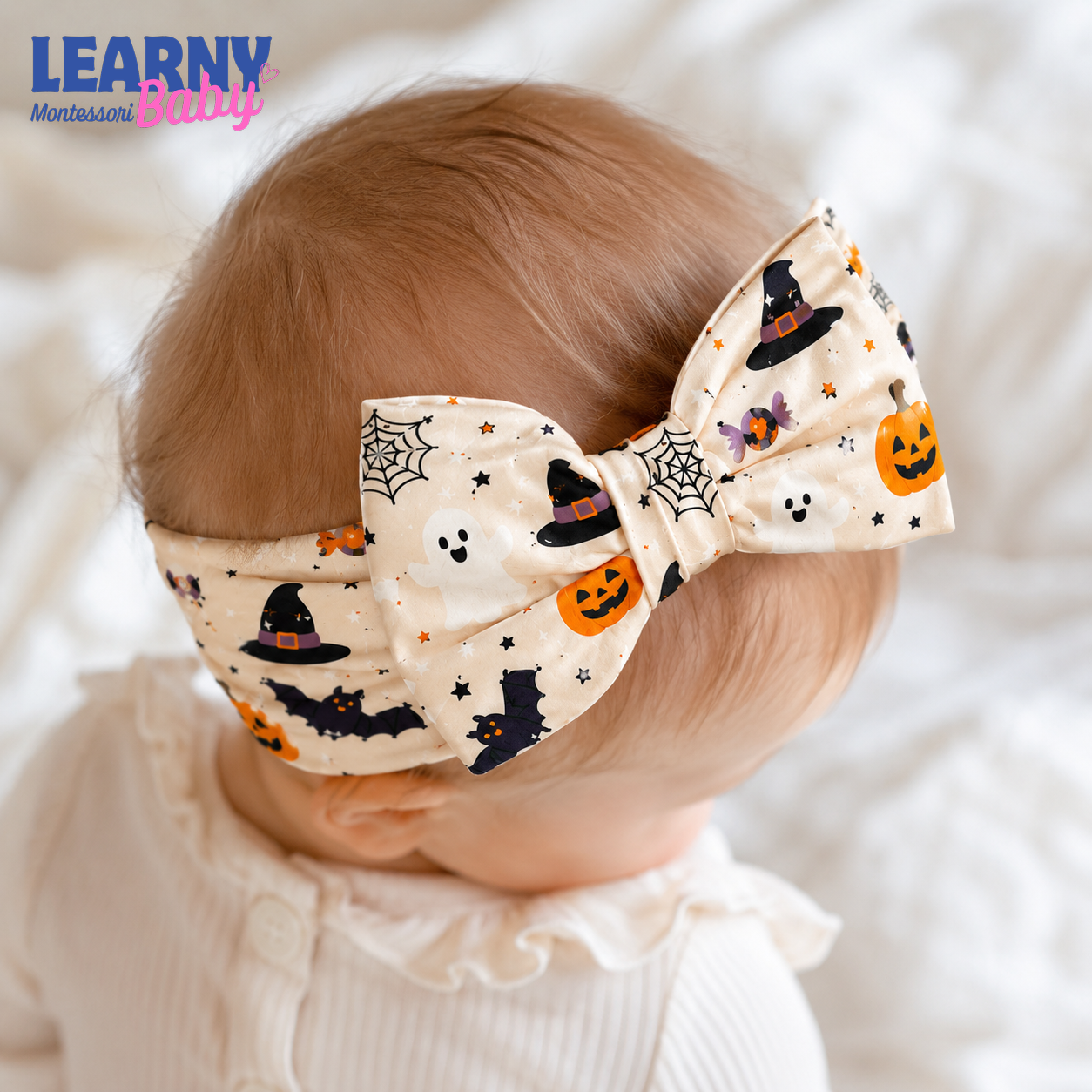 Halloween Pumpkin and Ghost Bamboo Baby Bow Headband, Spooky Newborn Headwrap, Halloween Baby Girl Hair Accessory