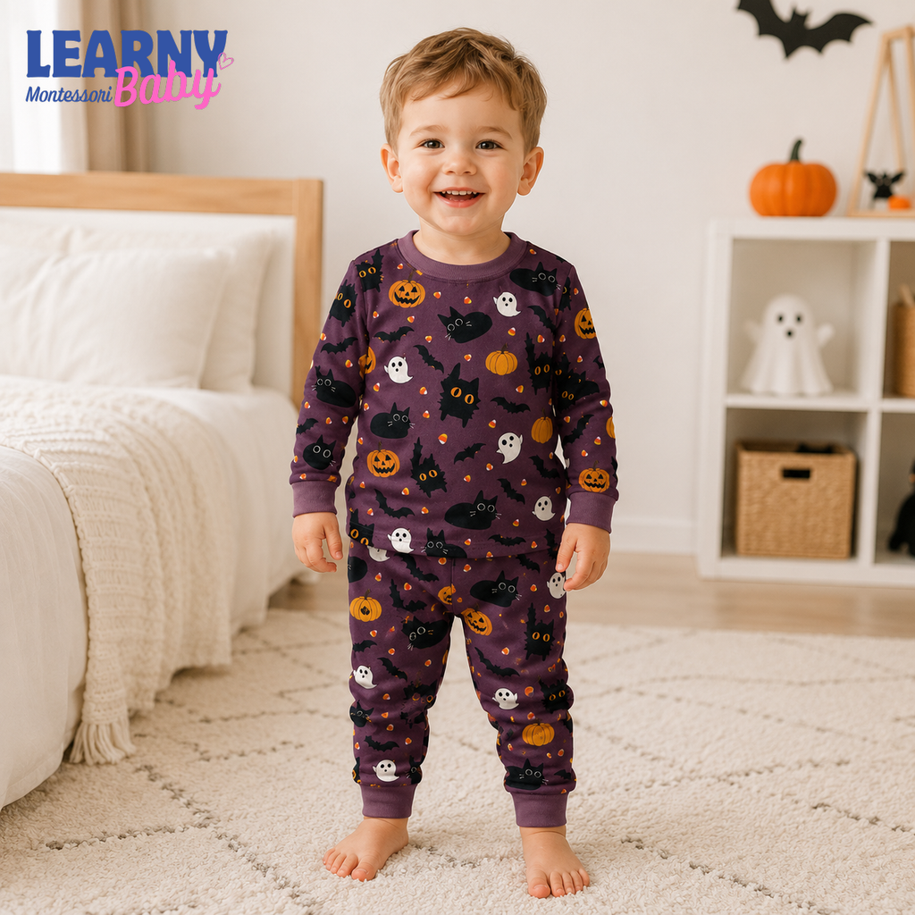 Black Cat & Pumpkin Halloween Long-Sleeve Bamboo Pajama Set for Kids