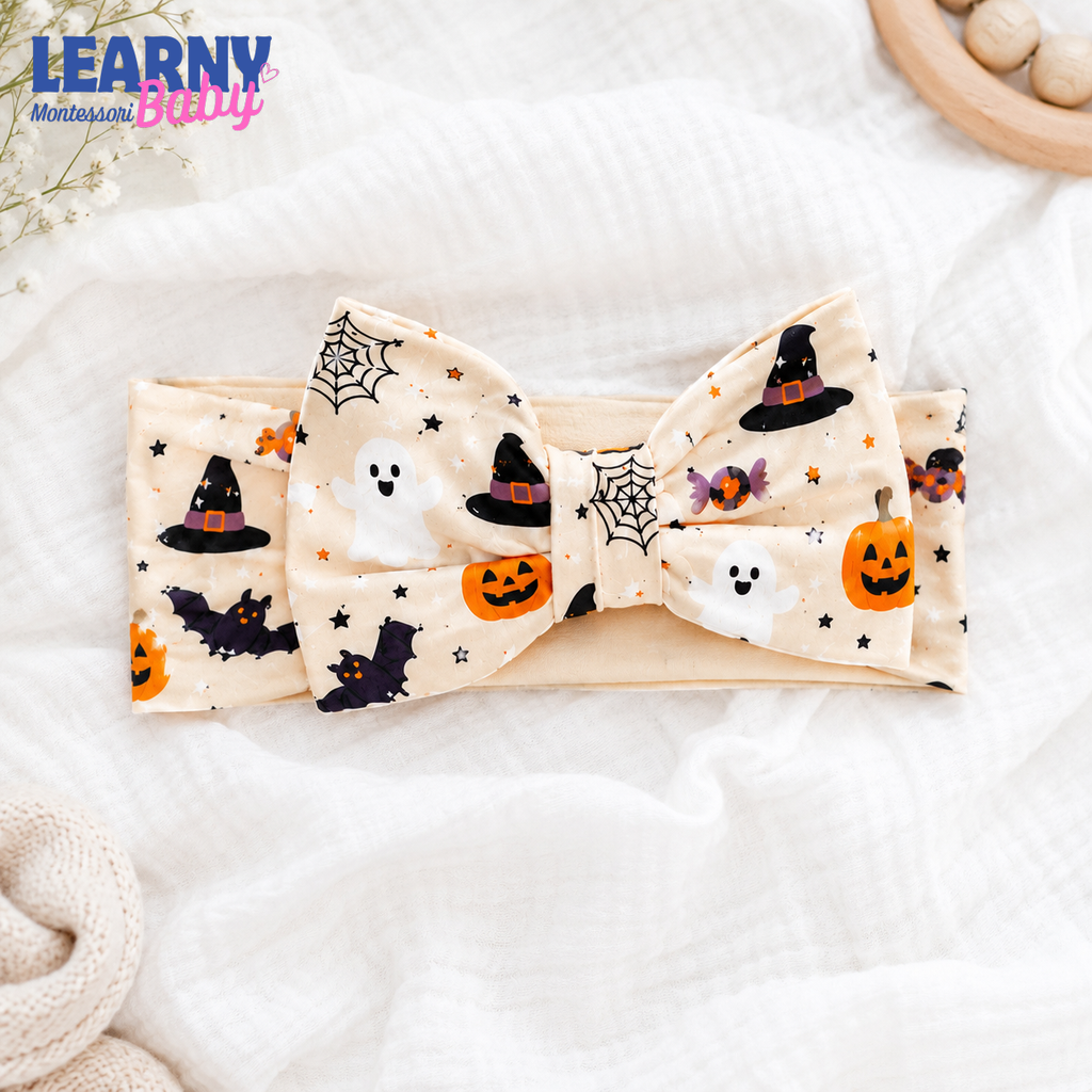 Halloween Pumpkin and Ghost Bamboo Baby Bow Headband, Spooky Newborn Headwrap, Halloween Baby Girl Hair Accessory