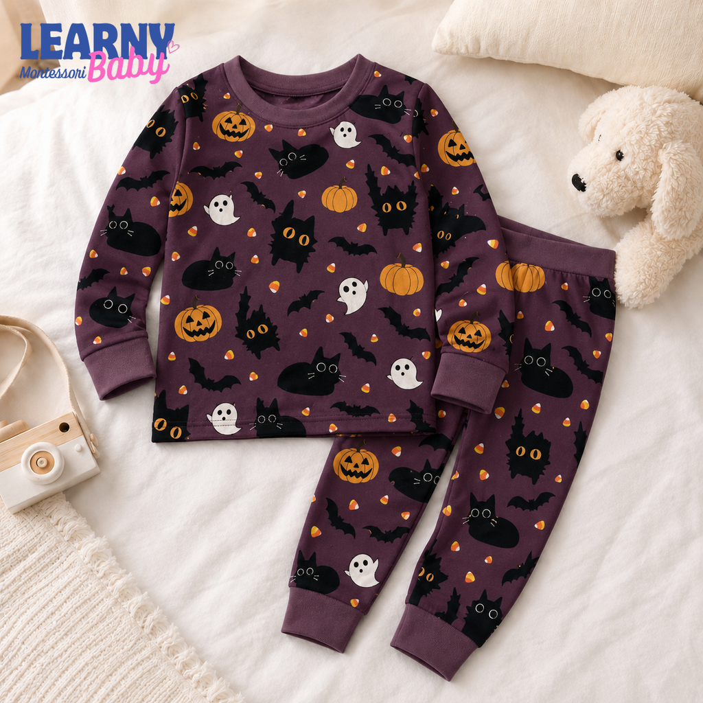 Black Cat & Pumpkin Halloween Long-Sleeve Bamboo Pajama Set for Kids