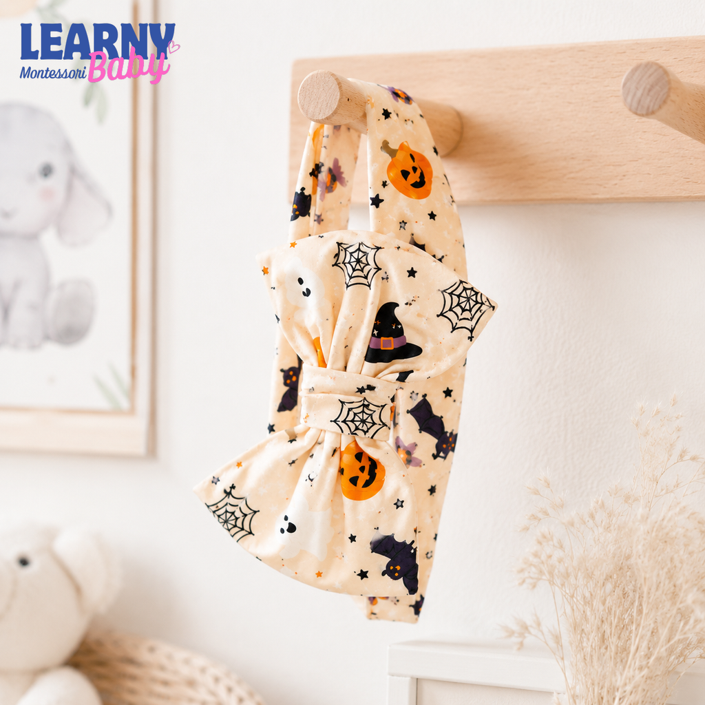 Halloween Pumpkin and Ghost Bamboo Baby Bow Headband, Spooky Newborn Headwrap, Halloween Baby Girl Hair Accessory