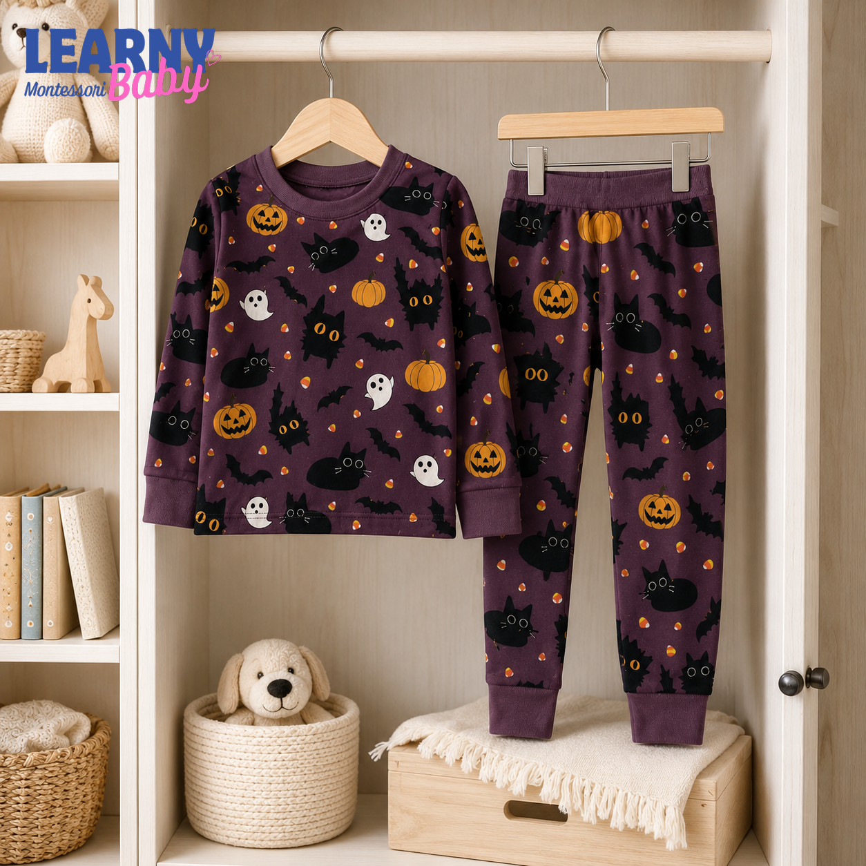 Black Cat & Pumpkin Halloween Long-Sleeve Bamboo Pajama Set for Kids
