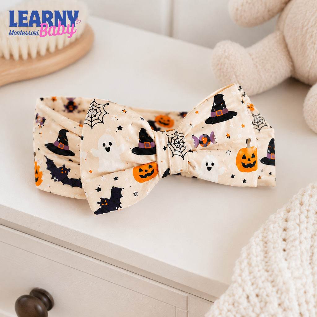 Halloween Pumpkin and Ghost Bamboo Baby Bow Headband, Spooky Newborn Headwrap, Halloween Baby Girl Hair Accessory