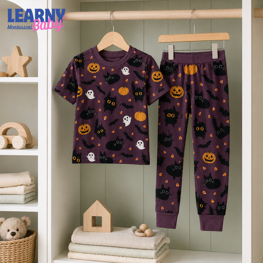 Black Cat & Pumpkin Halloween Long-Sleeve Bamboo Pajama Set for Kids