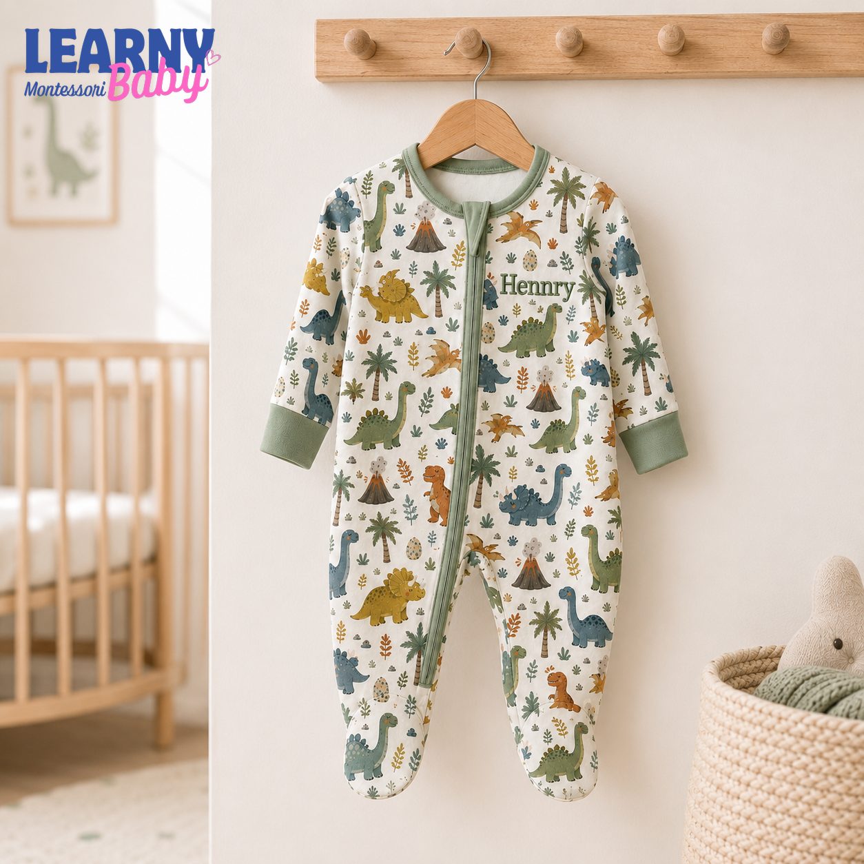 Personalized Dinosaur Bamboo Footie Zippy for Baby, Dinosaur Baby Pajamas, Custom Name Baby Sleeper