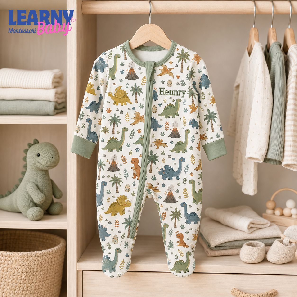 Personalized Dinosaur Bamboo Footie Zippy for Baby, Dinosaur Baby Pajamas, Custom Name Baby Sleeper