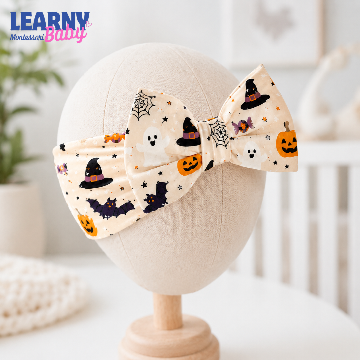 Halloween Pumpkin and Ghost Bamboo Baby Bow Headband, Spooky Newborn Headwrap, Halloween Baby Girl Hair Accessory