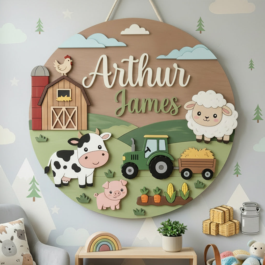 Personalized Wooden Name Sign for Nursery, Custom Farm Animal Baby Name Plaque, Round Wood Nursery Wall Decor, Baby Shower Gift
