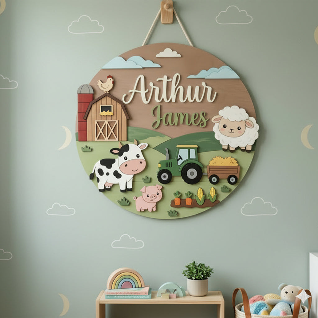Personalized Wooden Name Sign for Nursery, Custom Farm Animal Baby Name Plaque, Round Wood Nursery Wall Decor, Baby Shower Gift