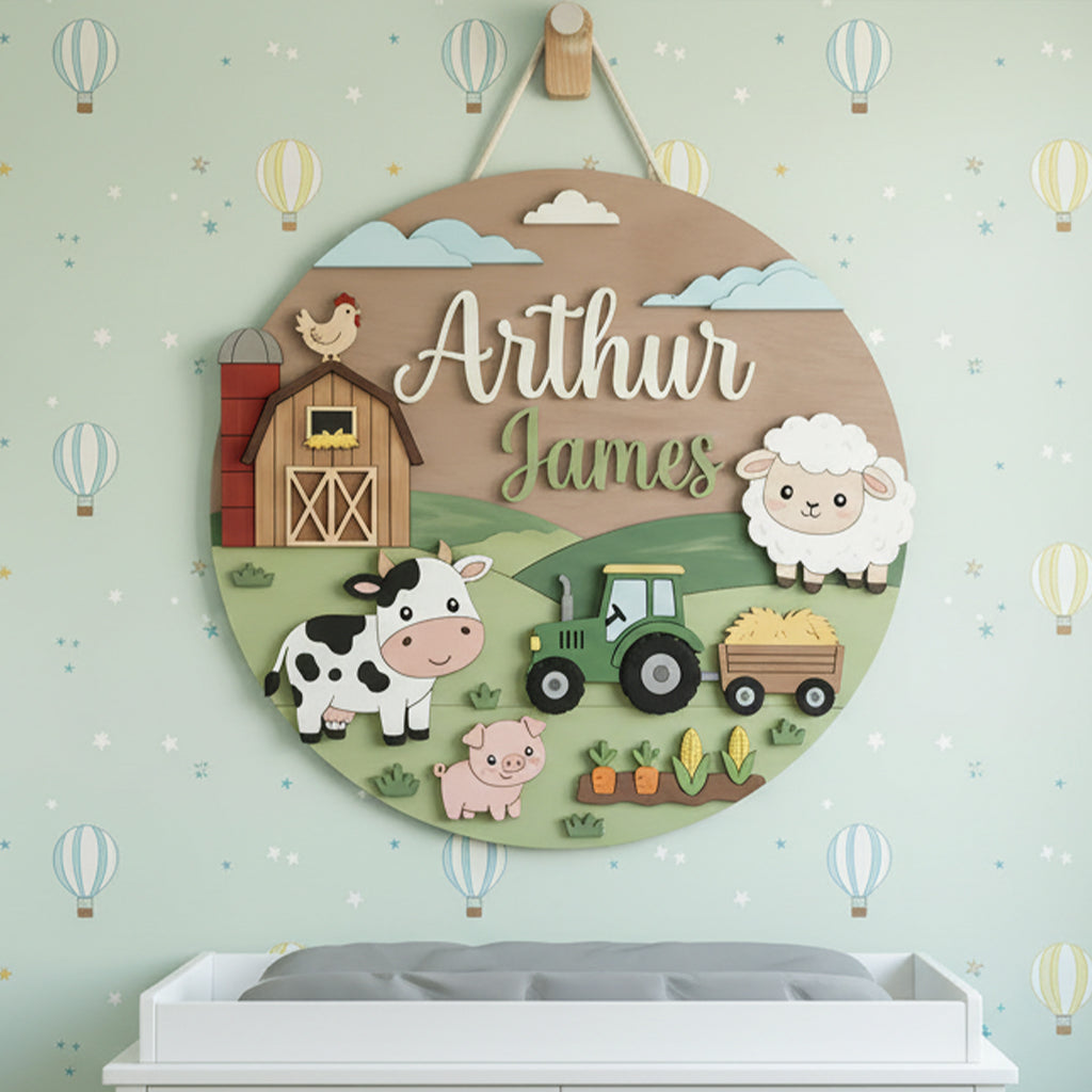 Personalized Wooden Name Sign for Nursery, Custom Farm Animal Baby Name Plaque, Round Wood Nursery Wall Decor, Baby Shower Gift