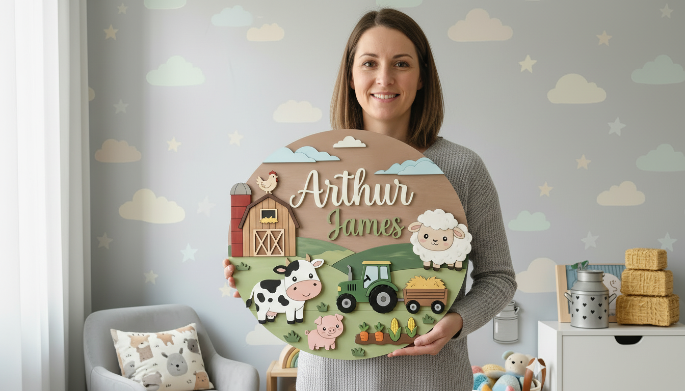 Personalized Wooden Name Sign for Nursery, Custom Farm Animal Baby Name Plaque, Round Wood Nursery Wall Decor, Baby Shower Gift