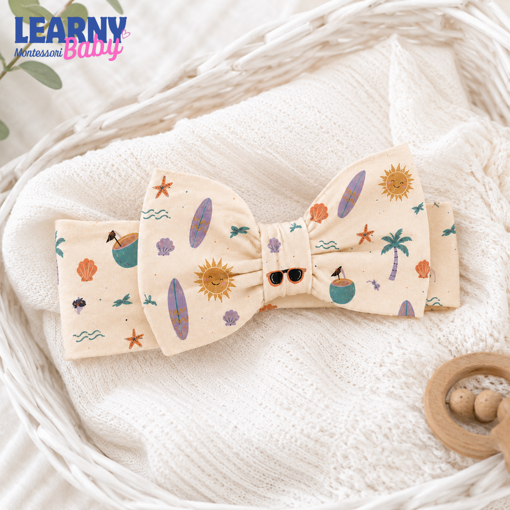 Tropical Summer Bamboo Baby Bow Headband, Surfboard and Palm Tree Newborn Headwrap, Beach Baby Girl Hair Accessory