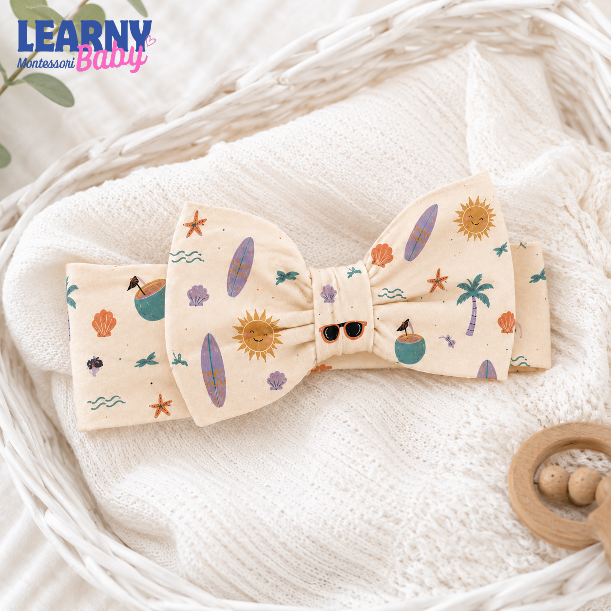 Tropical Summer Bamboo Baby Bow Headband, Surfboard and Palm Tree Newborn Headwrap, Beach Baby Girl Hair Accessory