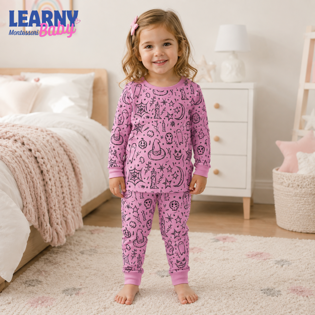 Pink Witchy Ghost Halloween Long-Sleeve Bamboo Pajama Set for Kids