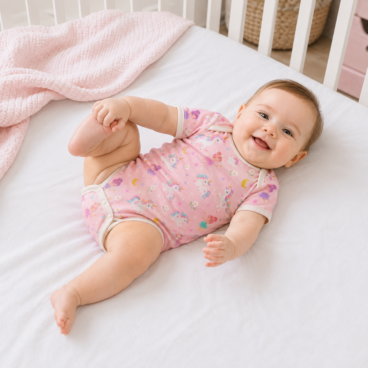 Unicorn and Fairy Bamboo Baby Bodysuit – Pink Fantasy Long Sleeve Infant Onesie