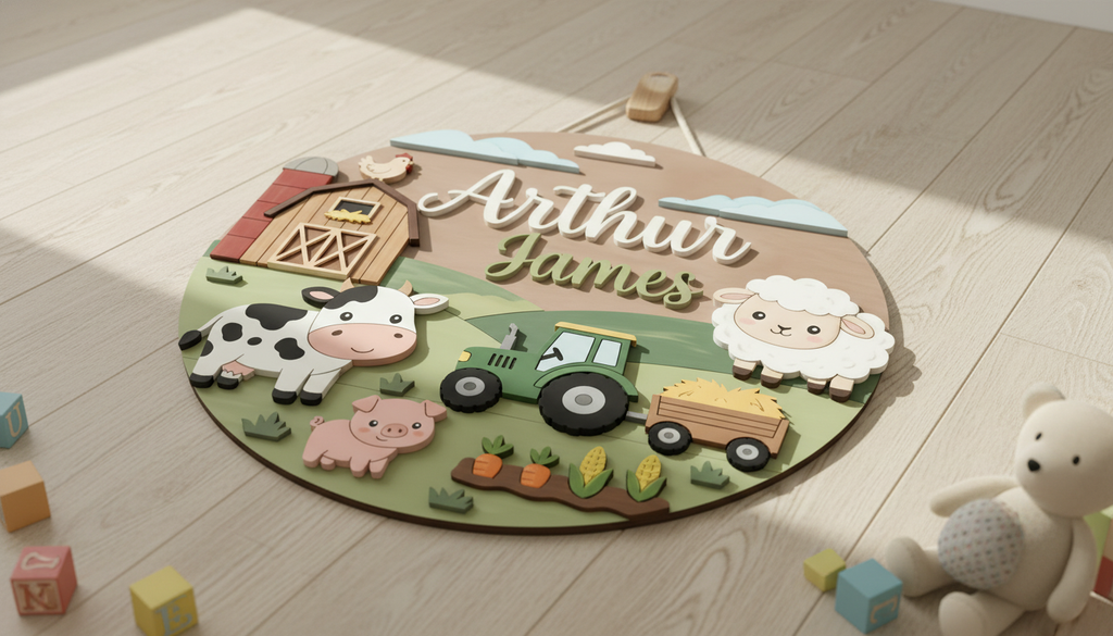 Personalized Wooden Name Sign for Nursery, Custom Farm Animal Baby Name Plaque, Round Wood Nursery Wall Decor, Baby Shower Gift