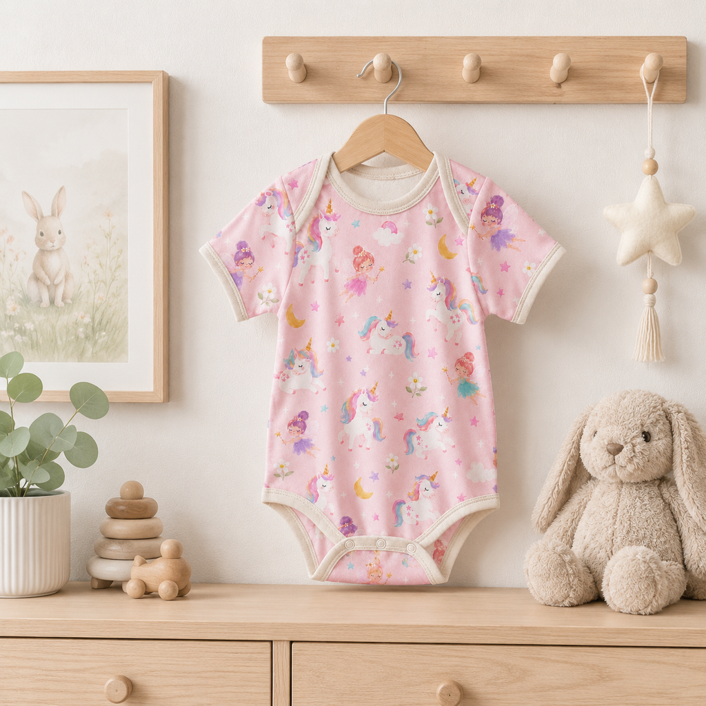 Unicorn and Fairy Bamboo Baby Bodysuit – Pink Fantasy Long Sleeve Infant Onesie