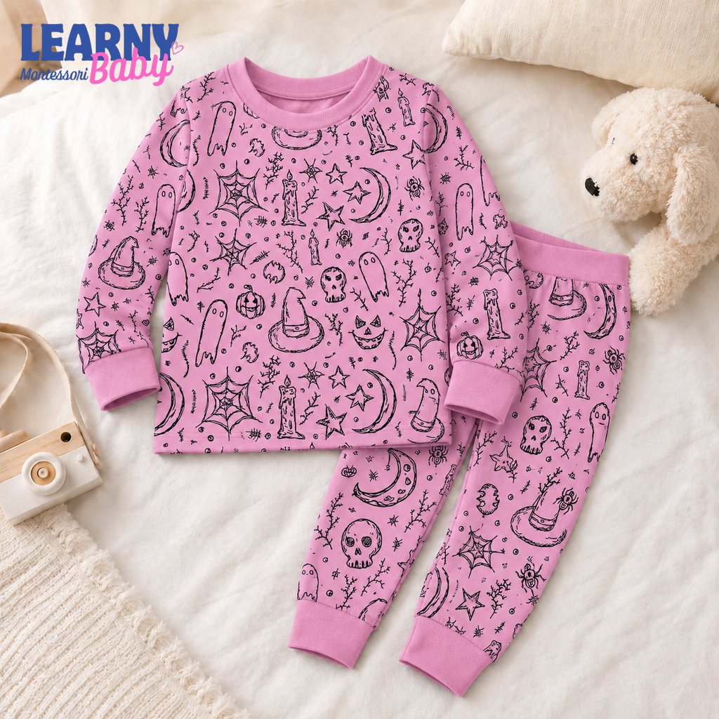 Pink Witchy Ghost Halloween Long-Sleeve Bamboo Pajama Set for Kids
