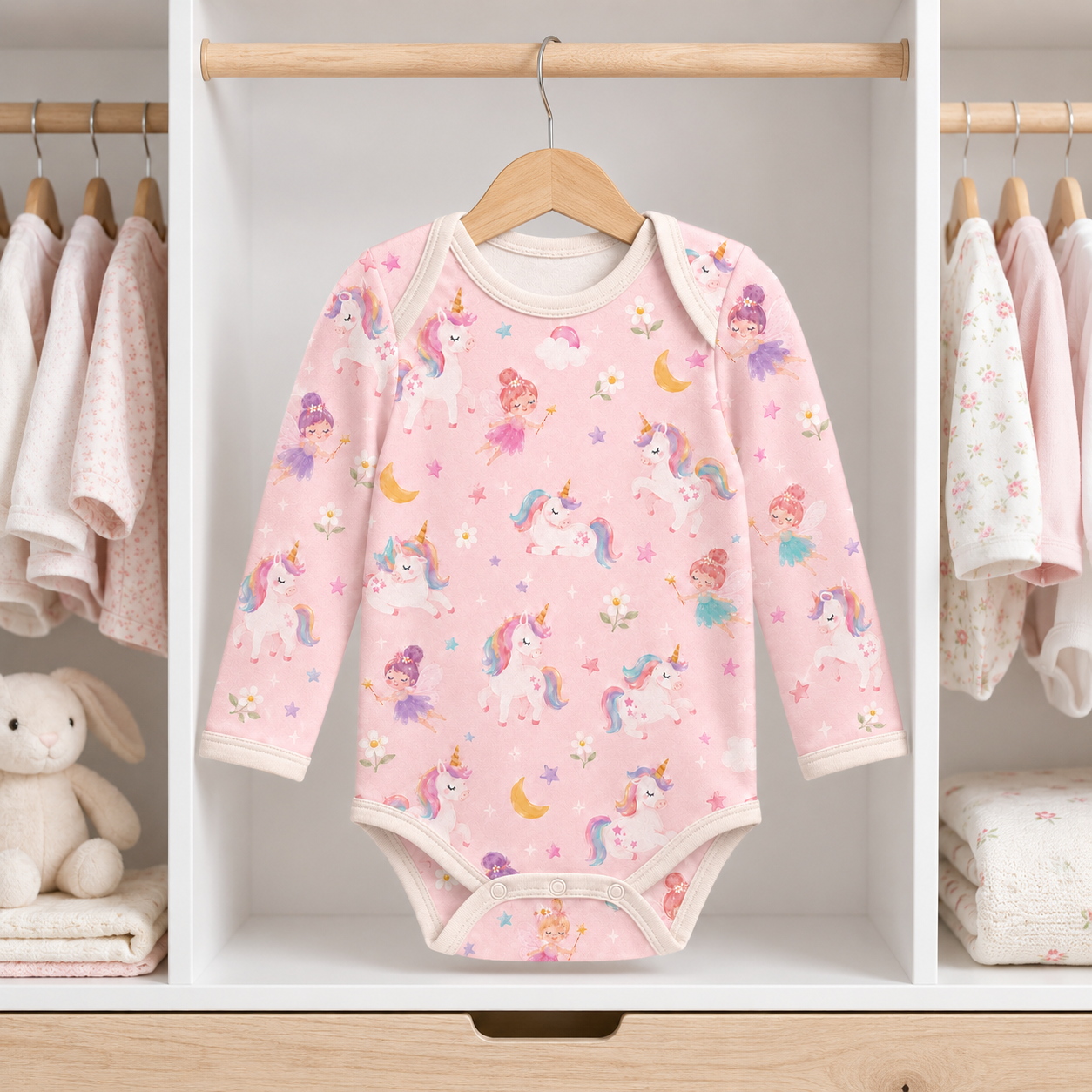 Unicorn and Fairy Bamboo Baby Bodysuit – Pink Fantasy Long Sleeve Infant Onesie