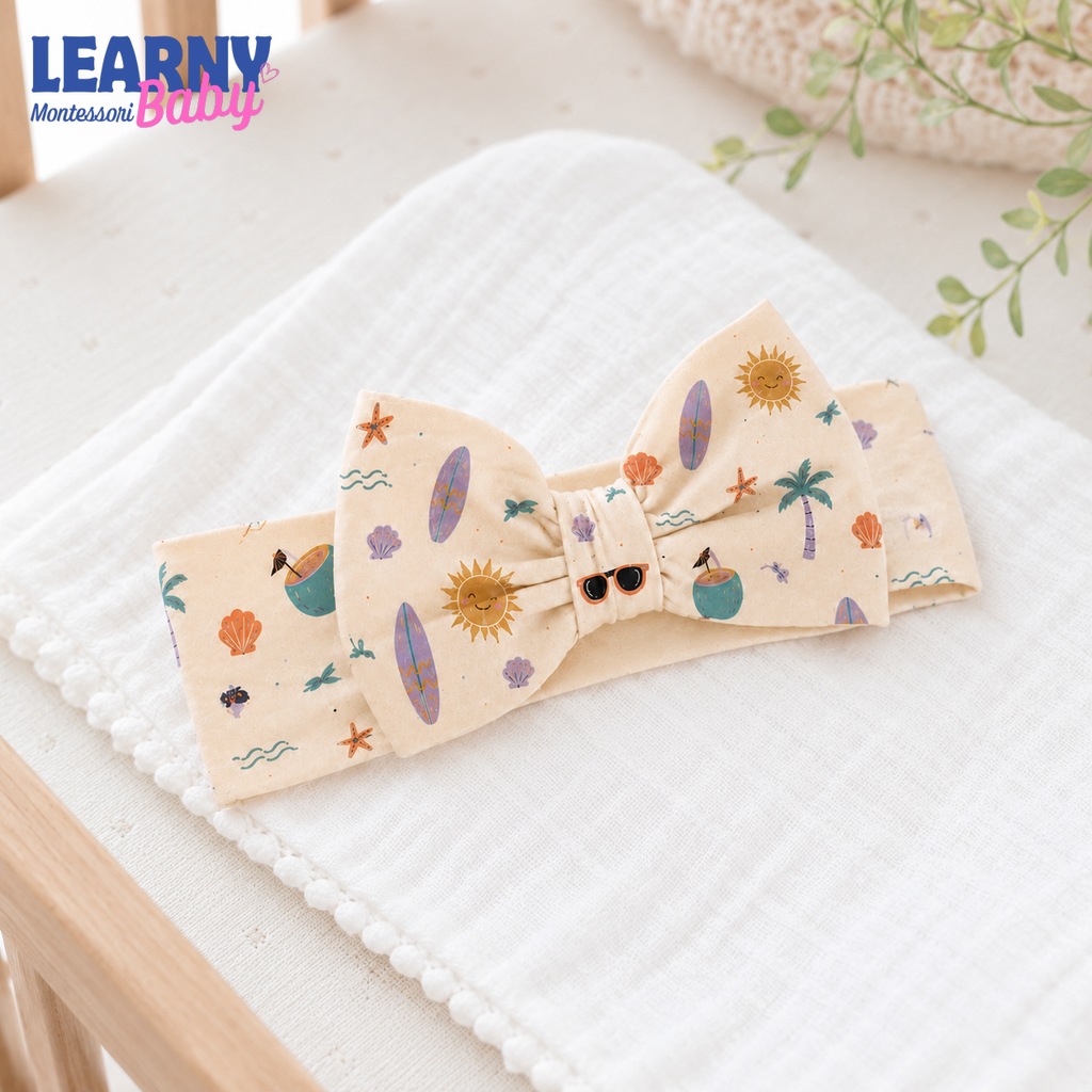 Tropical Summer Bamboo Baby Bow Headband, Surfboard and Palm Tree Newborn Headwrap, Beach Baby Girl Hair Accessory
