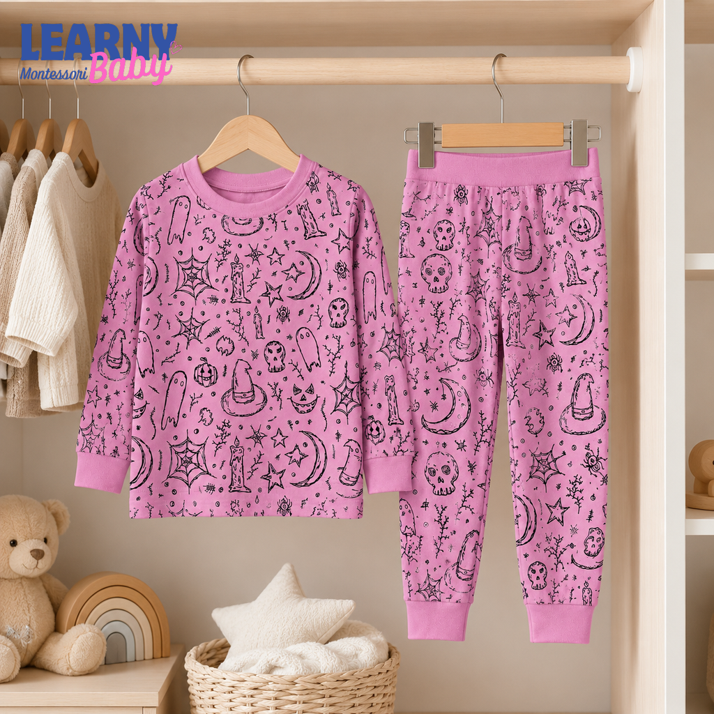 Pink Witchy Ghost Halloween Long-Sleeve Bamboo Pajama Set for Kids