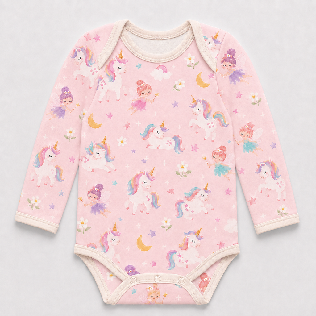 Unicorn and Fairy Bamboo Baby Bodysuit – Pink Fantasy Long Sleeve Infant Onesie