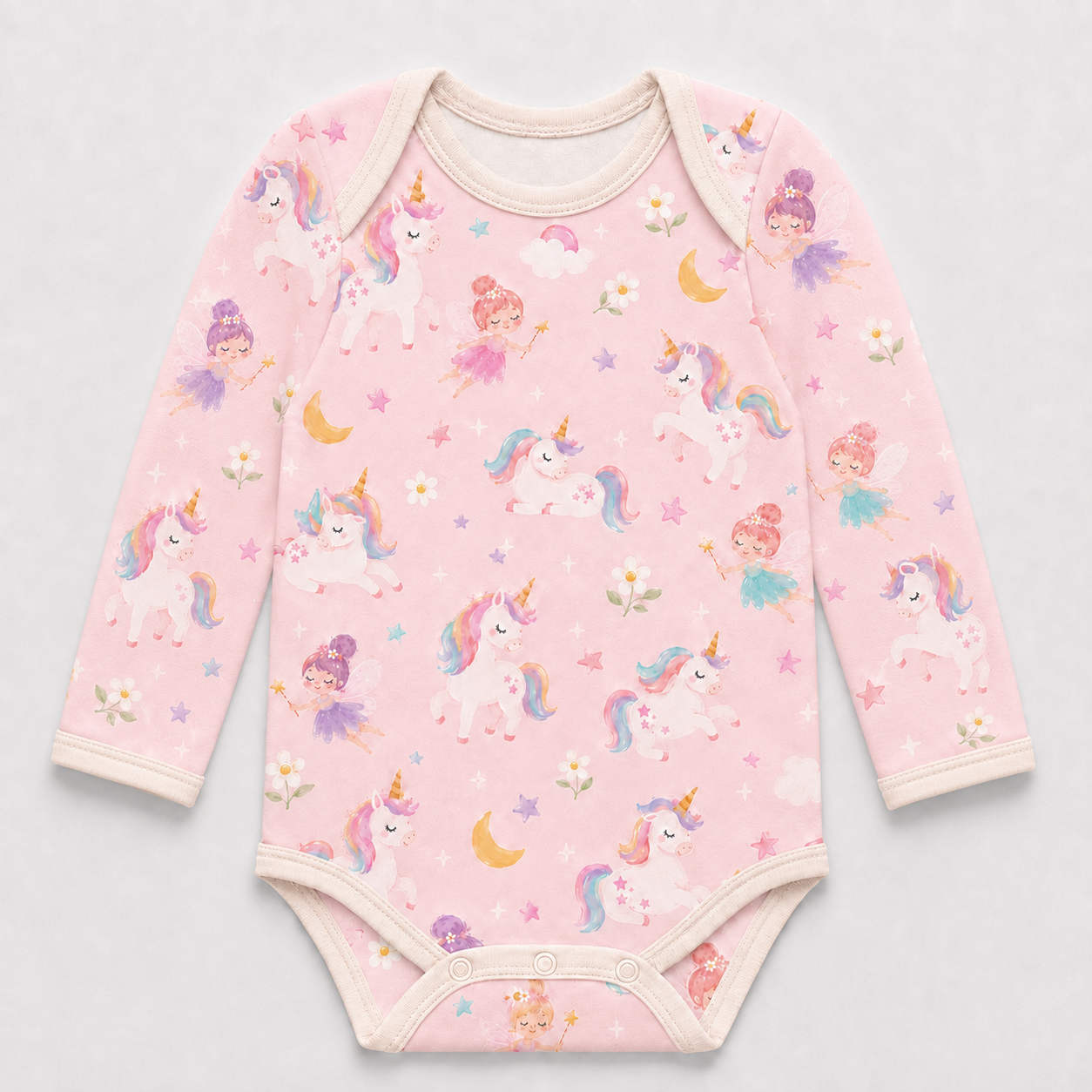 Unicorn and Fairy Bamboo Baby Bodysuit – Pink Fantasy Long Sleeve Infant Onesie