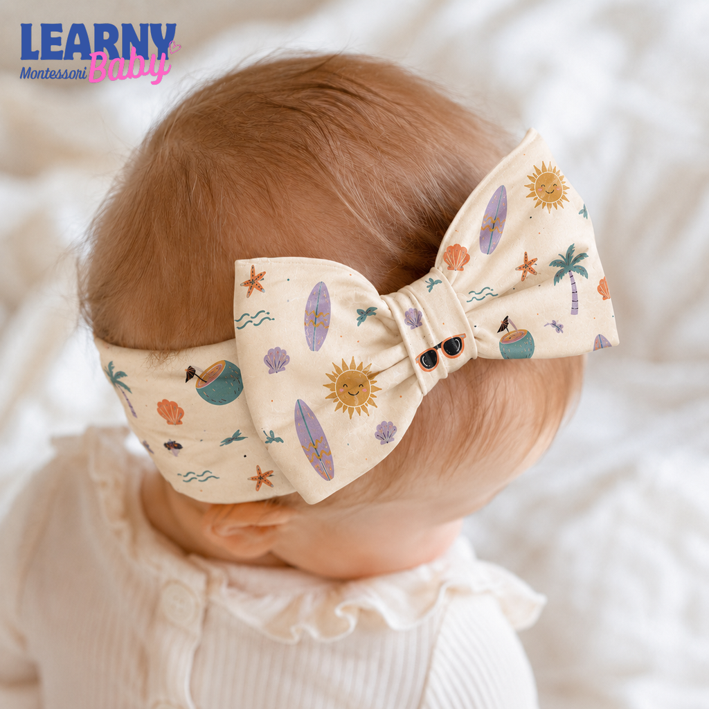 Tropical Summer Bamboo Baby Bow Headband, Surfboard and Palm Tree Newborn Headwrap, Beach Baby Girl Hair Accessory