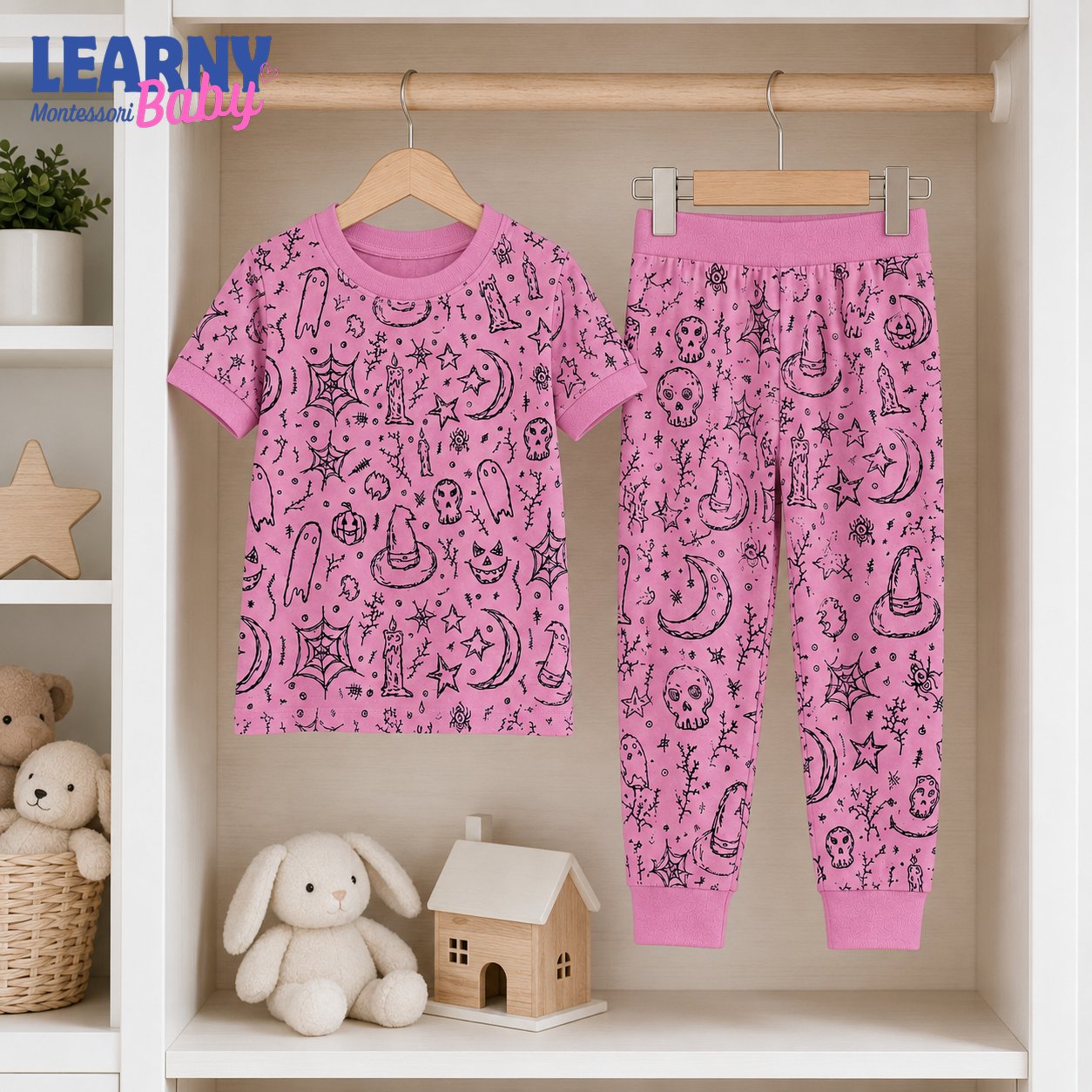 Pink Witchy Ghost Halloween Long-Sleeve Bamboo Pajama Set for Kids