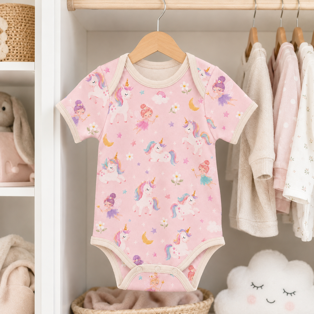 Unicorn and Fairy Bamboo Baby Bodysuit – Pink Fantasy Long Sleeve Infant Onesie