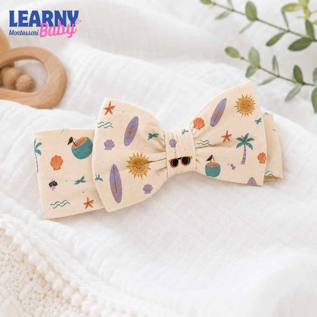 Tropical Summer Bamboo Baby Bow Headband, Surfboard and Palm Tree Newborn Headwrap, Beach Baby Girl Hair Accessory