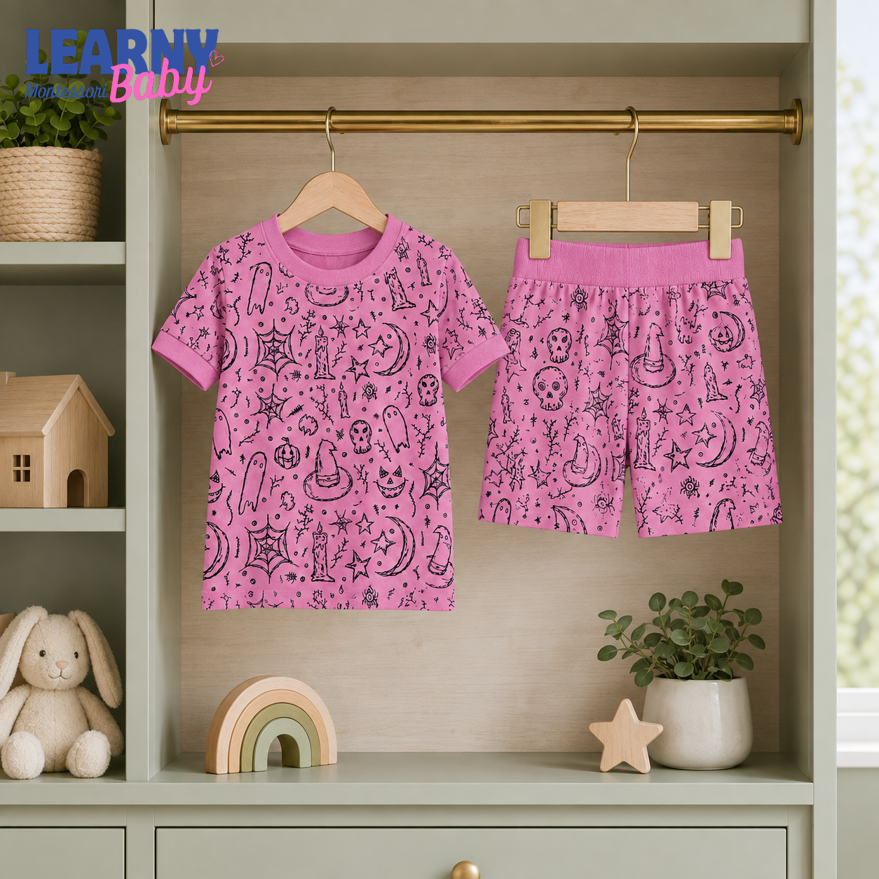 Pink Witchy Ghost Halloween Long-Sleeve Bamboo Pajama Set for Kids