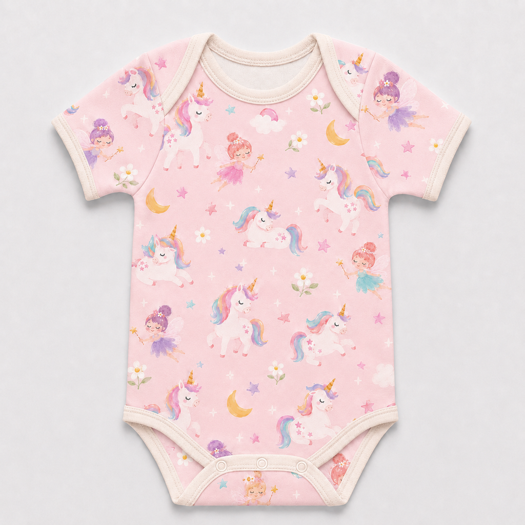 Unicorn and Fairy Bamboo Baby Bodysuit – Pink Fantasy Long Sleeve Infant Onesie