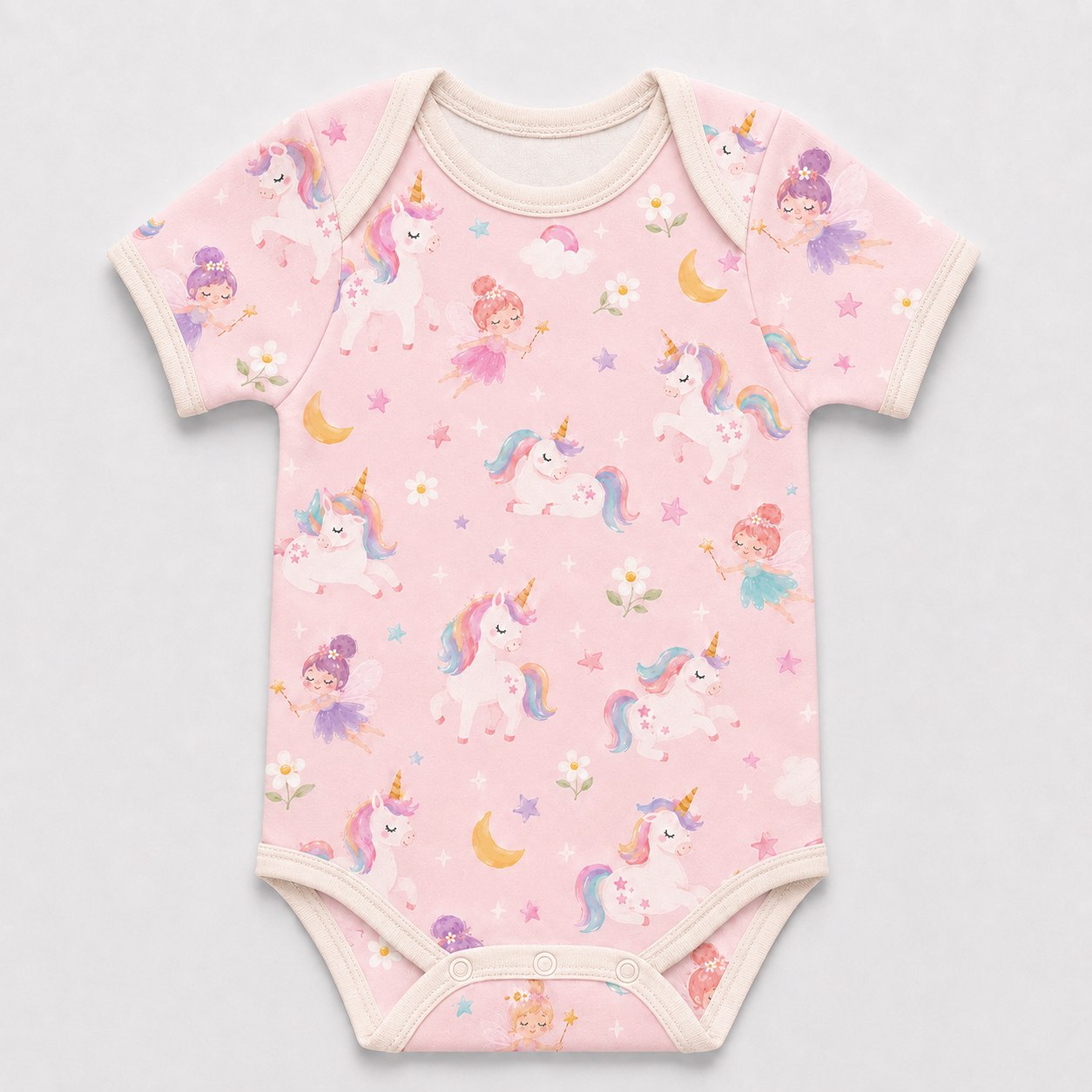 Unicorn and Fairy Bamboo Baby Bodysuit – Pink Fantasy Long Sleeve Infant Onesie