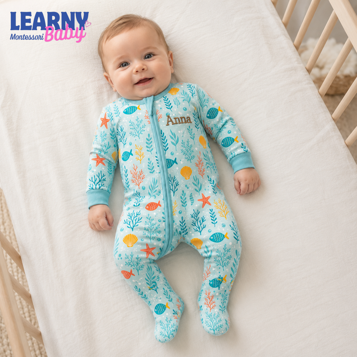 Personalized Ocean Bamboo Footie Zippy for Baby, Sea Life Baby Pajamas, Custom Name Baby Sleeper