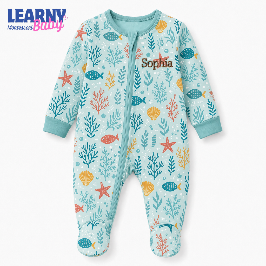 Personalized Ocean Bamboo Footie Zippy for Baby, Sea Life Baby Pajamas, Custom Name Baby Sleeper