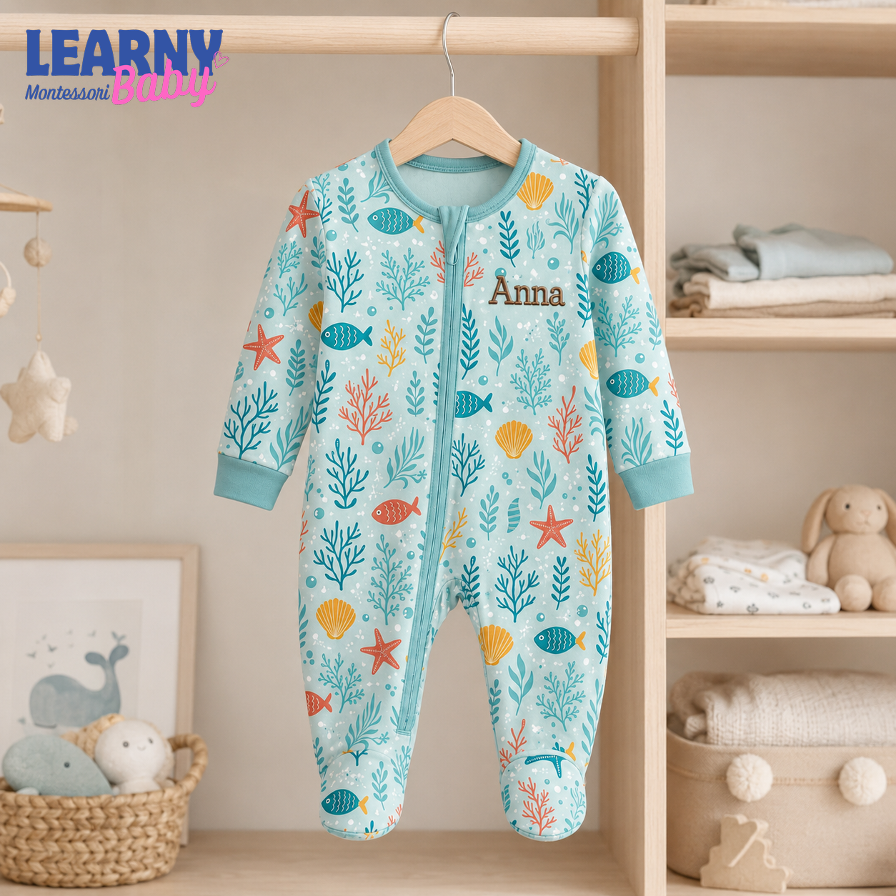 Personalized Ocean Bamboo Footie Zippy for Baby, Sea Life Baby Pajamas, Custom Name Baby Sleeper