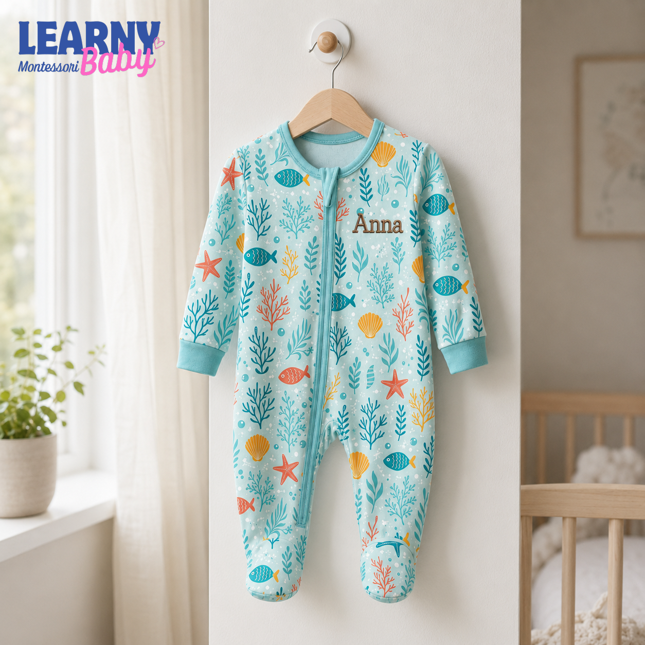 Personalized Ocean Bamboo Footie Zippy for Baby, Sea Life Baby Pajamas, Custom Name Baby Sleeper