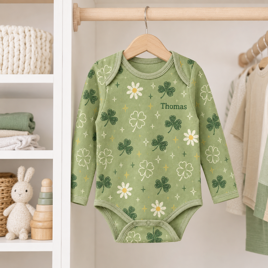 Personalized Shamrock Bamboo Baby Bodysuit – Lucky Clover and Daisy Infant Onesie