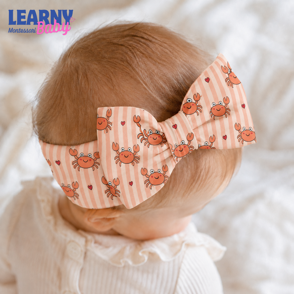 Cute Crab Bamboo Baby Bow Headband, Coastal Newborn Headwrap, Ocean Baby Girl Hair Accessory, Summer Baby Gift