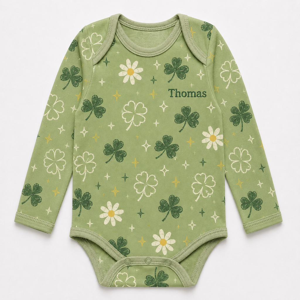 Personalized Shamrock Bamboo Baby Bodysuit – Lucky Clover and Daisy Infant Onesie