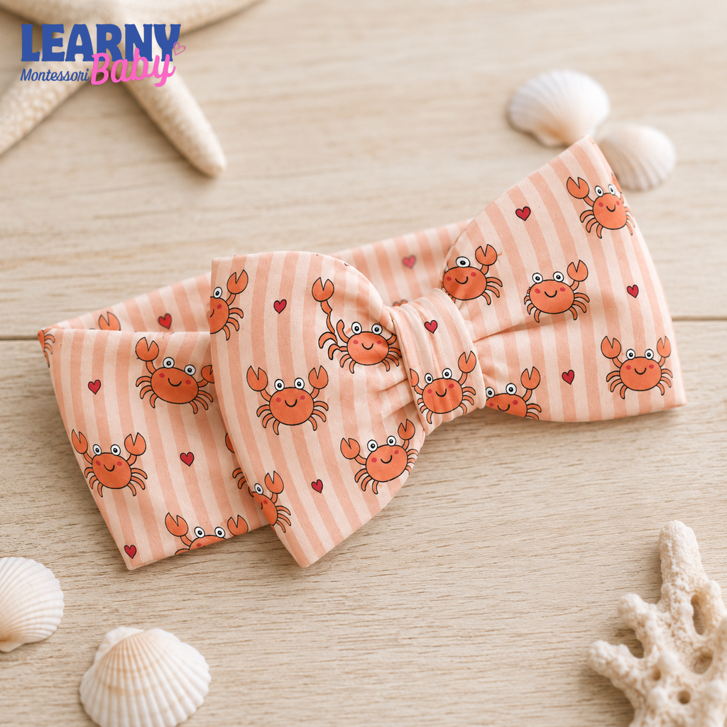 Cute Crab Bamboo Baby Bow Headband, Coastal Newborn Headwrap, Ocean Baby Girl Hair Accessory, Summer Baby Gift