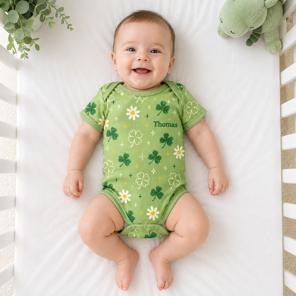 Personalized Shamrock Bamboo Baby Bodysuit – Lucky Clover and Daisy Infant Onesie