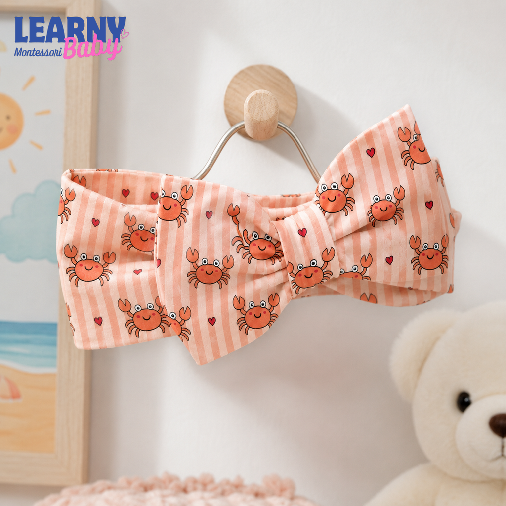Cute Crab Bamboo Baby Bow Headband, Coastal Newborn Headwrap, Ocean Baby Girl Hair Accessory, Summer Baby Gift
