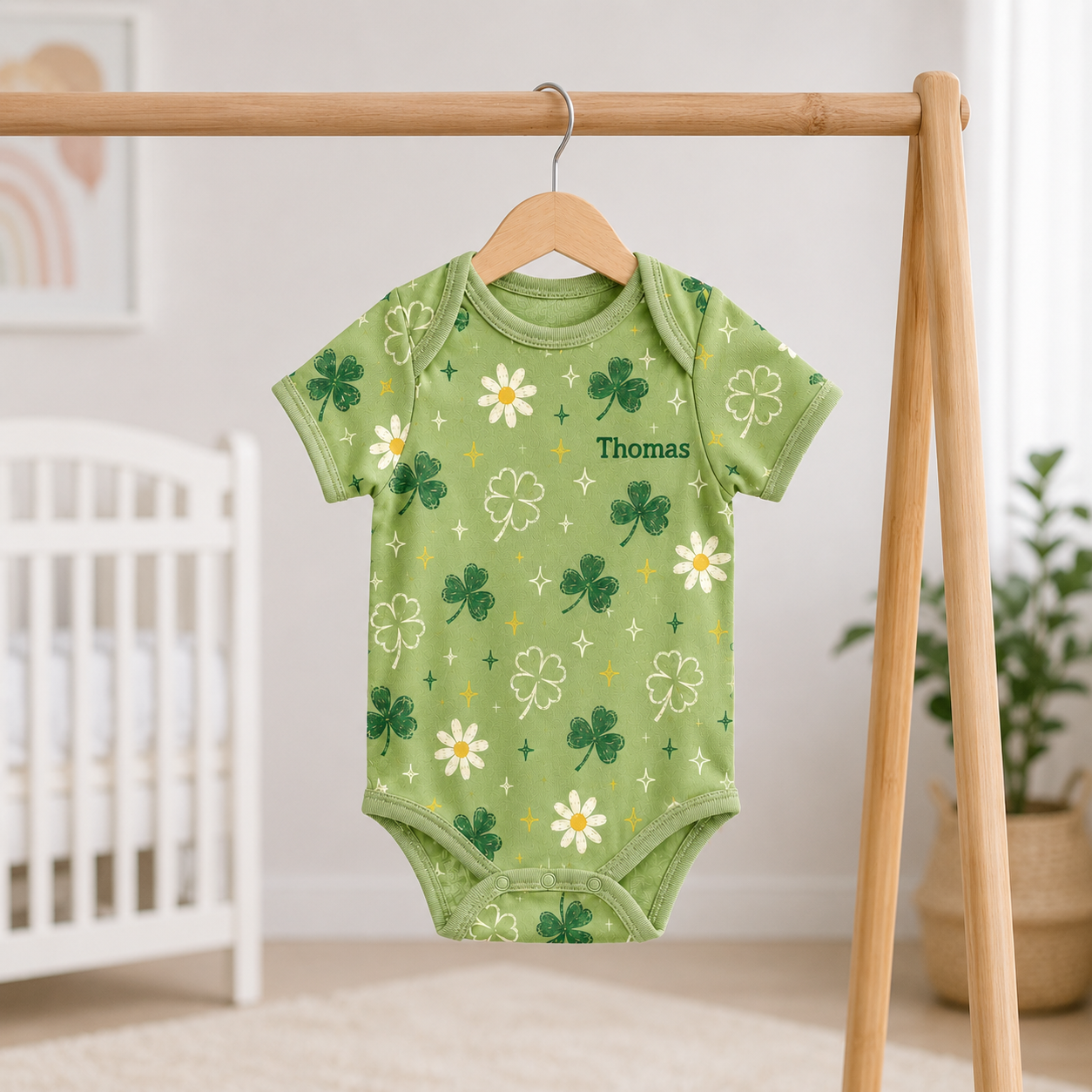 Personalized Shamrock Bamboo Baby Bodysuit – Lucky Clover and Daisy Infant Onesie